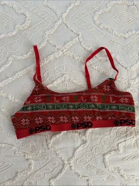 PSD Red Knit Holiday Bralette with Green Trim